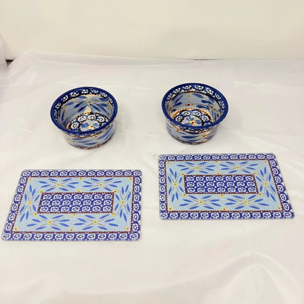 Temp-tations Old World 4pc Set 6oz Ceramic Ramekins & Glass Trivets Blue Floral